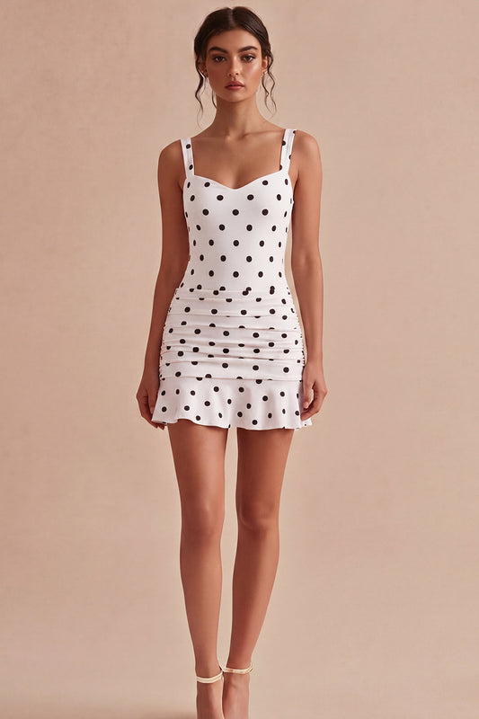 White and Black Thick Straps Short Polka Dots Dress with Ruffles
