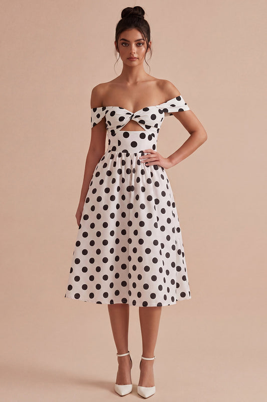 White and Black Keyhole Off the Shoulder A Line Midi Polka Dots Dress