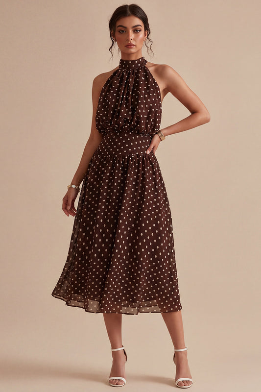 Coffee and White High Neck A Line Maxi Polka Dots Dress