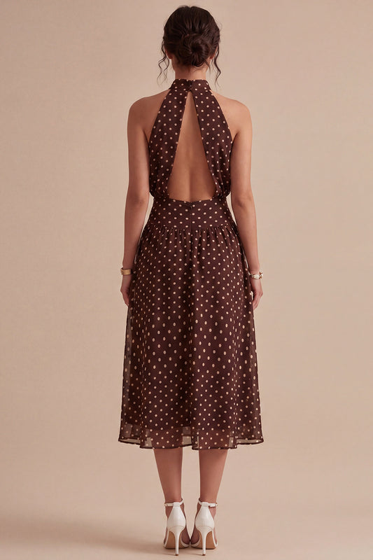 Coffee and White High Neck A Line Maxi Polka Dots Dress