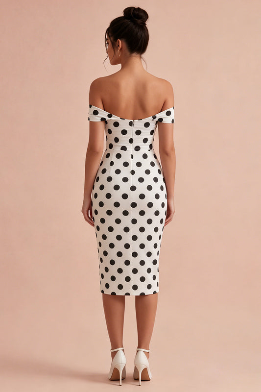 Bodycon White and Black Keyhole Off the Shoulder Midi Polka Dots Dress