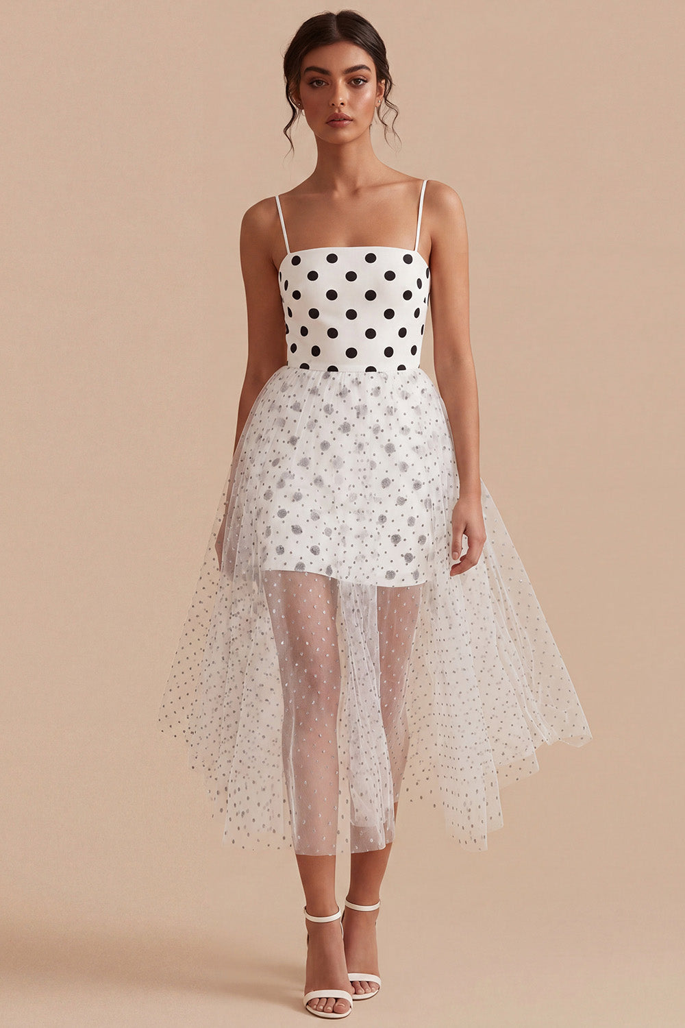 Zapakasa Women White and Black Maxi Polka Dots Dress Spaghetti
