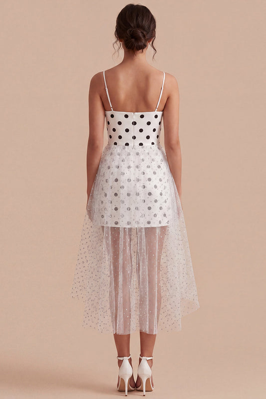 White and Black Spaghetti Straps A Line Maxi Polka Dots Dress