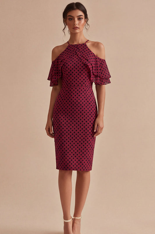 Bodycon Burgundy and White Halter Midi Polka Dots Dress with Ruffles