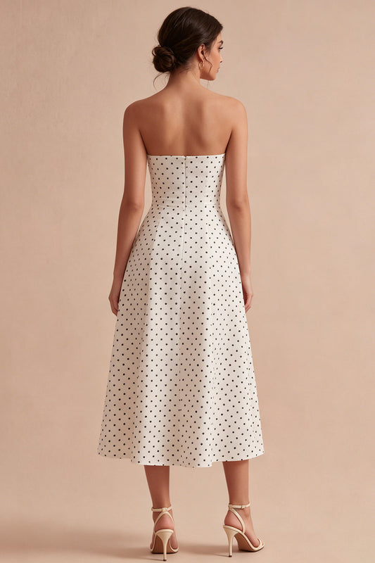 White and Black Strapless A Line Maxi Polka Dots Dress