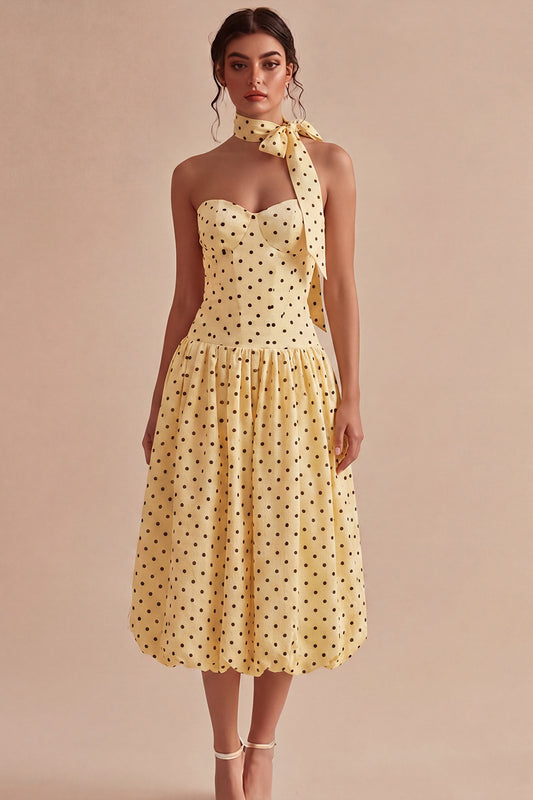 Yellow and Black A Line Maxi Strapless Polka Dots Dress