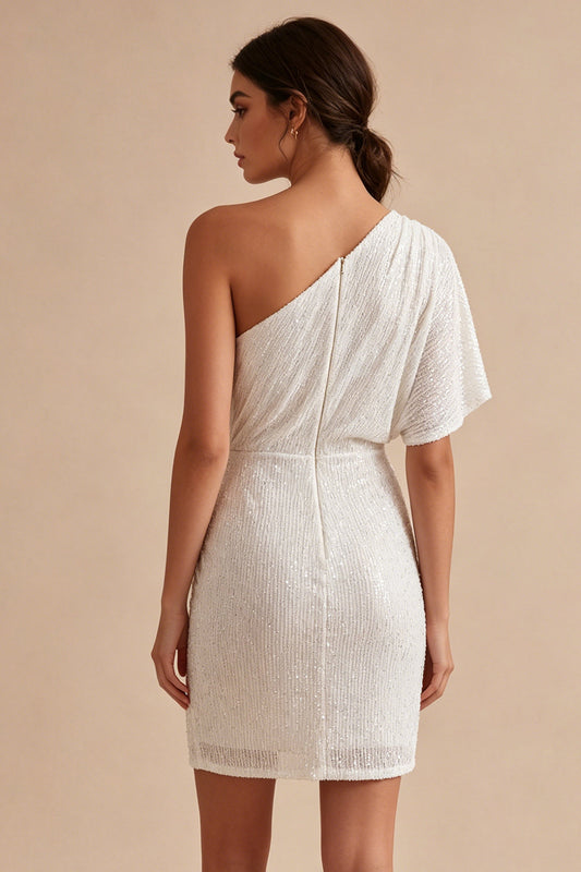 Sparkly White One Shoulder Tight Short Ruched Graduation Dress with Beading