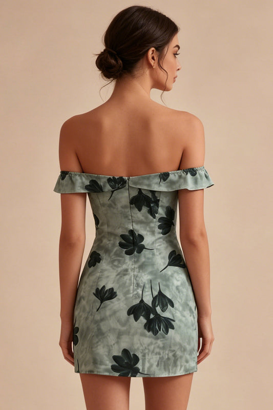 Green Tight Short Floral Off the Shoulder Graduation Dress