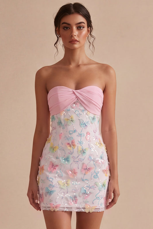 Sparkly Pink and White Floral Tight Short Strapless Beaded Graduation Dress