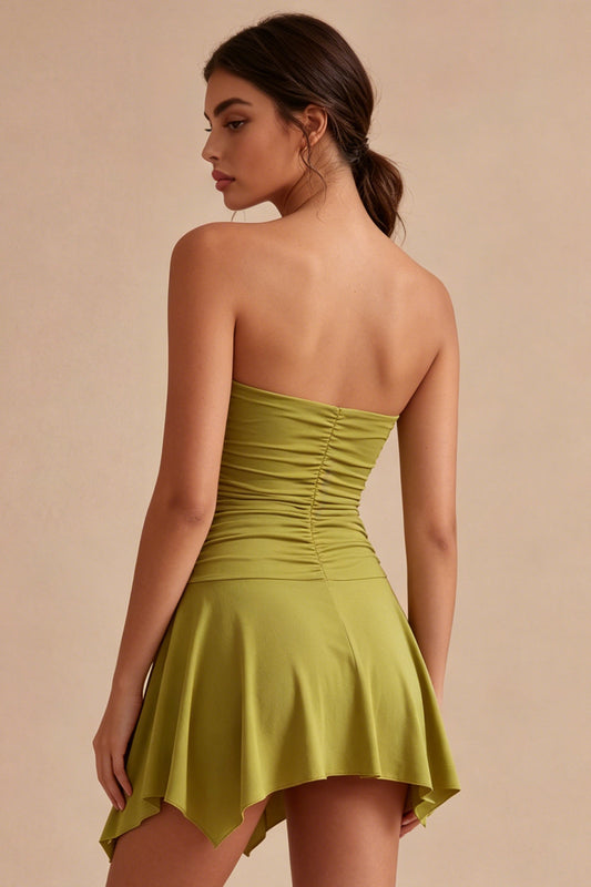 Olive Strapless Asymmetrical Ruched A Line Graduation Dress
