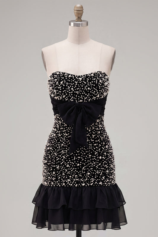 Sparkly Black Beaded Ruffled Tight Short Homecoming Dress with Bow