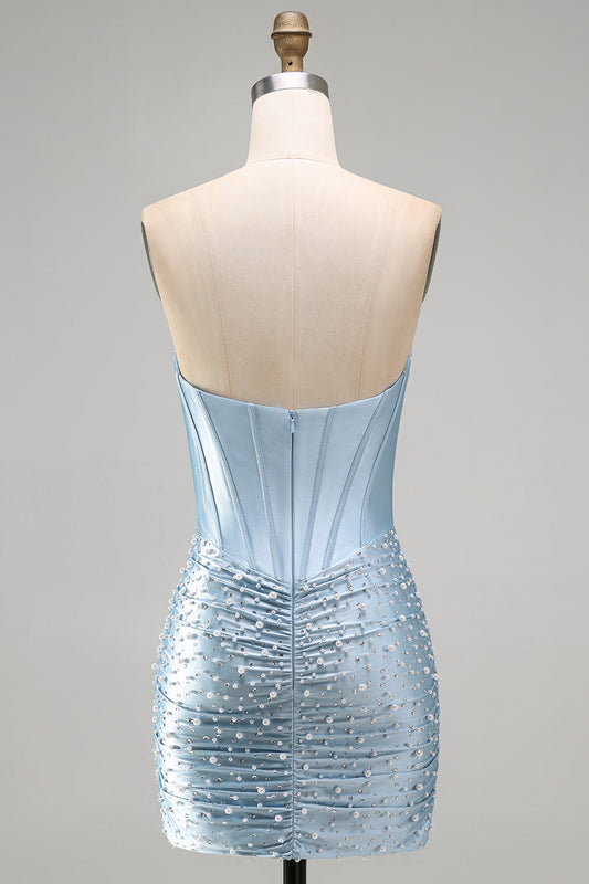 Grey Blue Satin Tight Ruched Short Corset Pearl Homecoming Dress with Beading