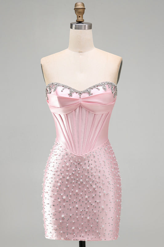 Sparkly Pink Corset Tight Sweetheart Short Pearl Homecoming Dress with Rhinestone