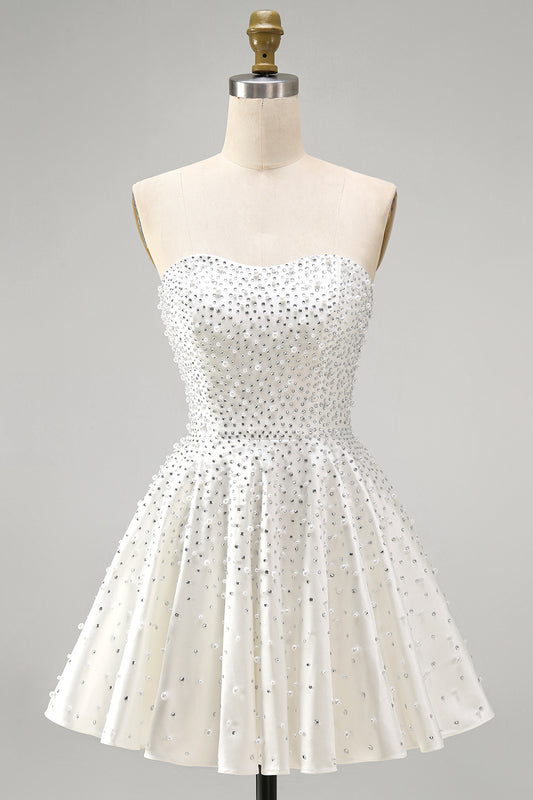 Sparkly White Sweetheart Beaded Short A-Line Homecoming Dress with Pearls