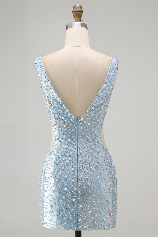 Blue Tight V-Neck Beaded Cut Out Short Homecoming Dress with Pearls