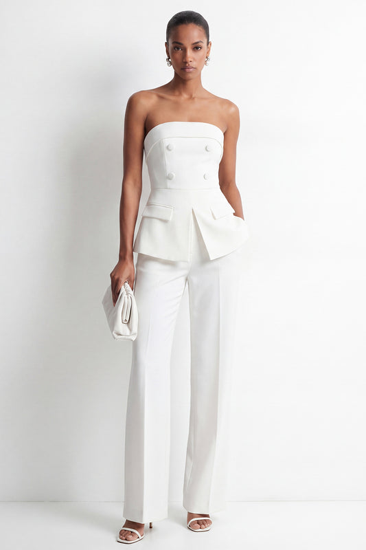 2 Piece Strapless White Double Breasted Business Suits with Pockets