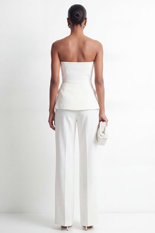2 Piece Strapless White Double Breasted Business Suits with Pockets
