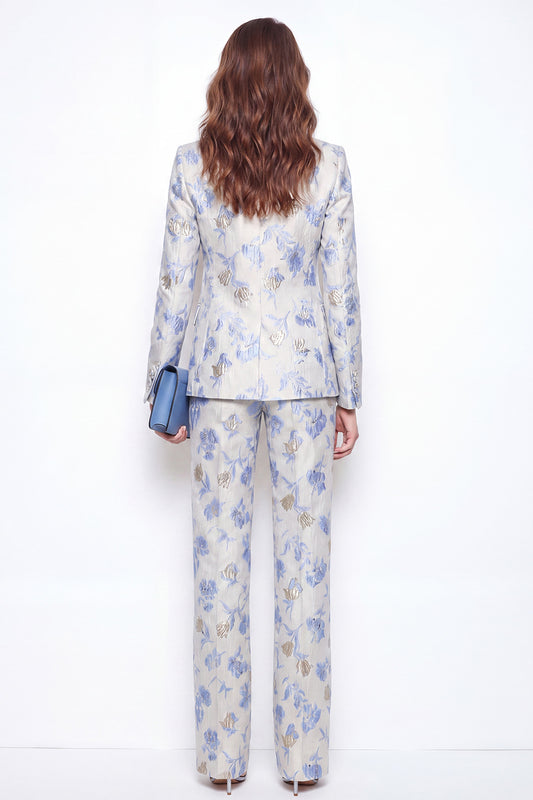 2 Piece Blue Flower Peak Lapel Single Breasted Women Suits with Pockets
