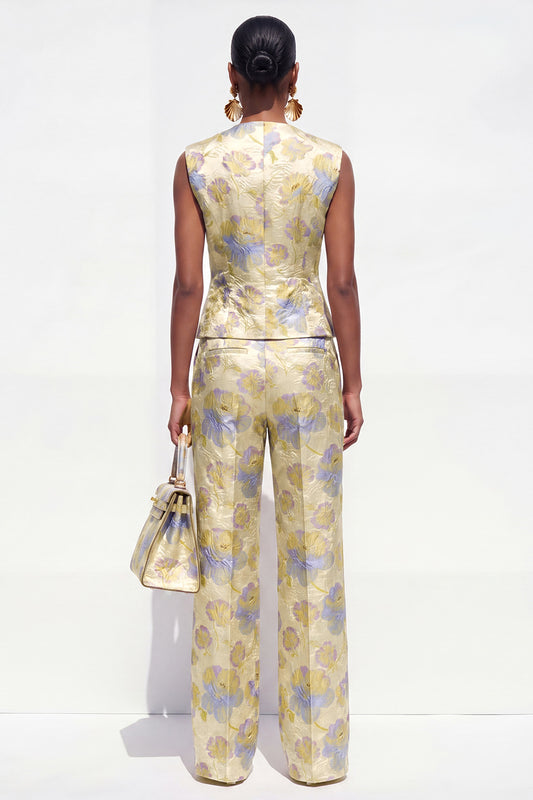 2 Piece Yellow Flower V-Neck Single Breasted Women Suits with Pockets