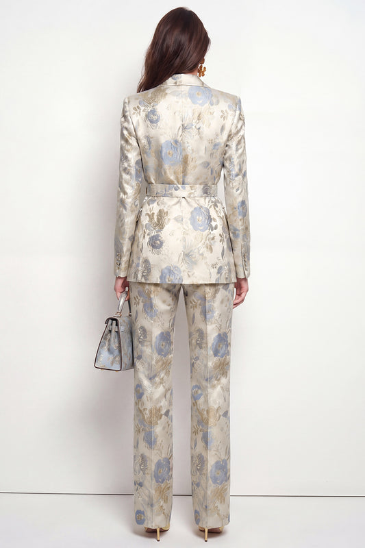 Grey Blue Flower 2 Piece Peak Lapel Women Suits with Pockets