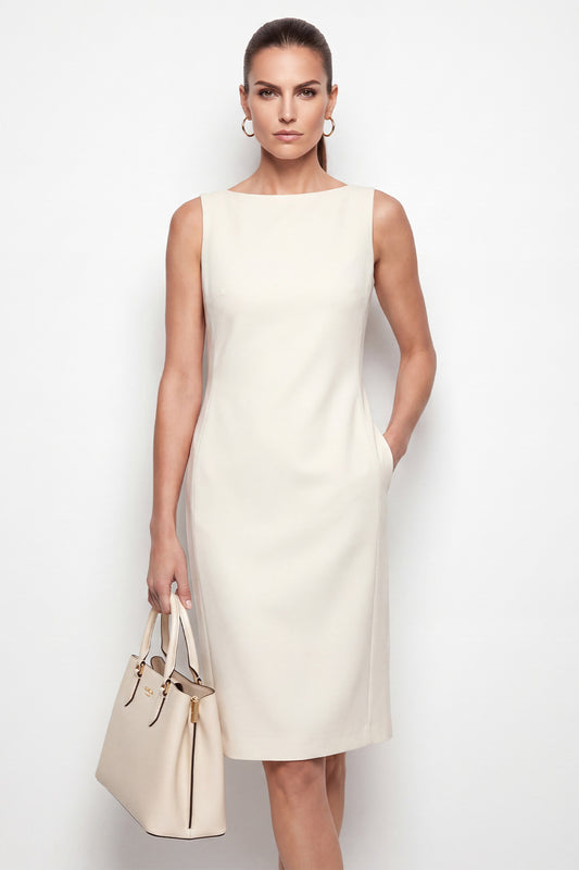 Ivory Boat Neck Midi Work Dress with Pockets