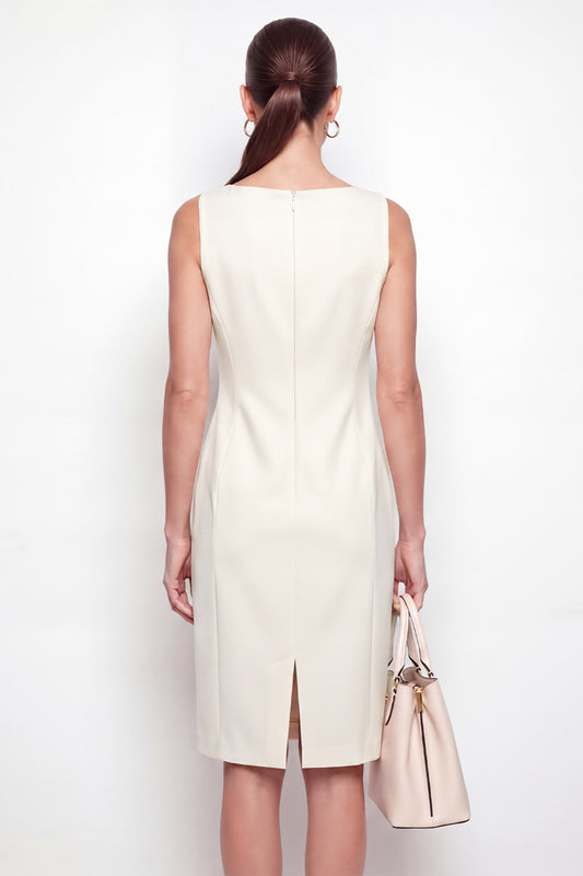 Ivory Boat Neck Midi Work Dress with Pockets