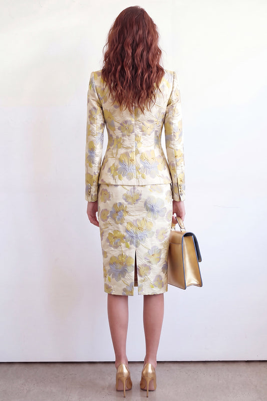 Yellow Flower Midi 2 Piece Peak Lapel Single Breasted Women Suits