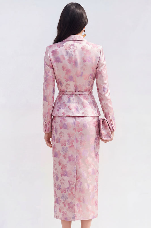 Pink Fuchsia Flower Midi 2 Piece Peak Lapel Single Breasted Business Suits