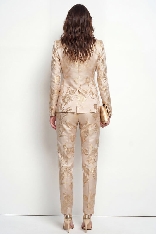 Golden Floral 2 Piece Peak Lapel Single Breasted Business Suits with Pockets