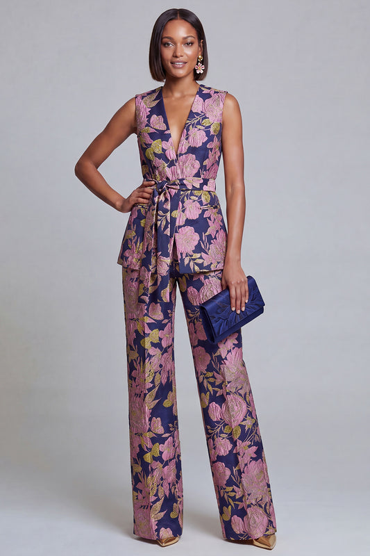 2 Piece Navy Pink Floral V-Neck Prom Suits