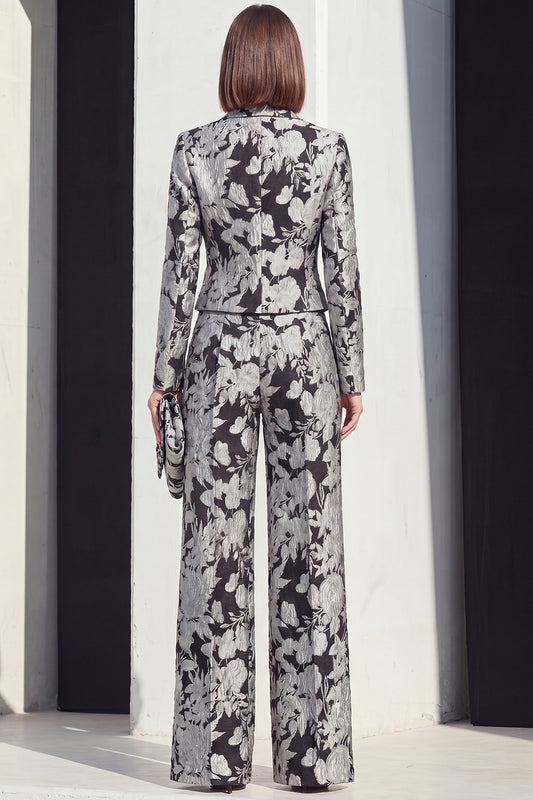 Black Silver Peak Lapel 2 Piece Single Breasted Prom Suits with Pockets