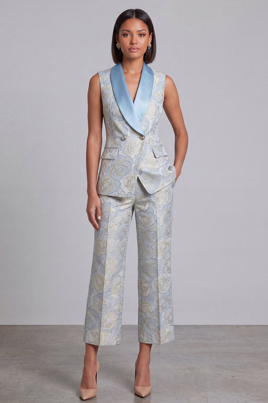 2 Piece Blue Floral Shawl Lapel Double Breasted Prom Suits with Pockets