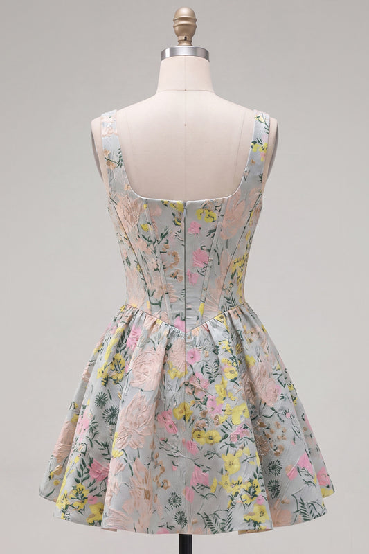 Grey Jacquard Square Neck A-Line Short Corset Homecoming Dress