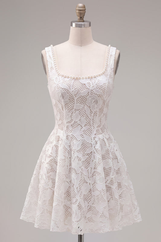 Floral White Lace Beaded Scoop Neck A-Line Short Homecoming Dress