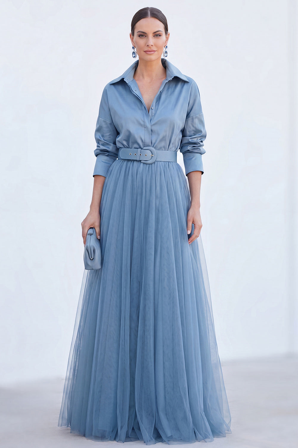 Zapaka Women Grey Blue A-Line Mother Of the Bride Dress with Belt Tulle Long Wedding Guest Dress, Grey Blue / US2