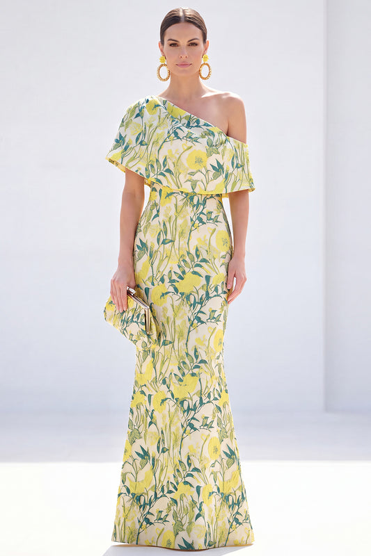 Yellow Floral One Shoulder Mermaid Long Mother of the Bride Dress