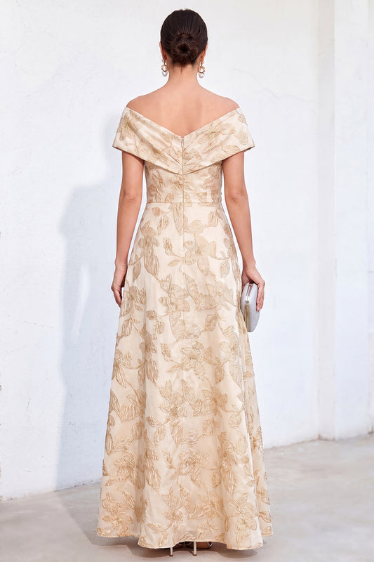 Jacquard Golden Off The Shoulder Long Mother of the Bride Dress with Pockets