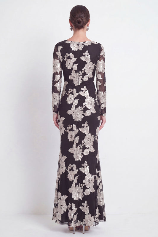 Bateau Neck Black Floral Mermaid Long Sleeves Mother of the Bride Dress