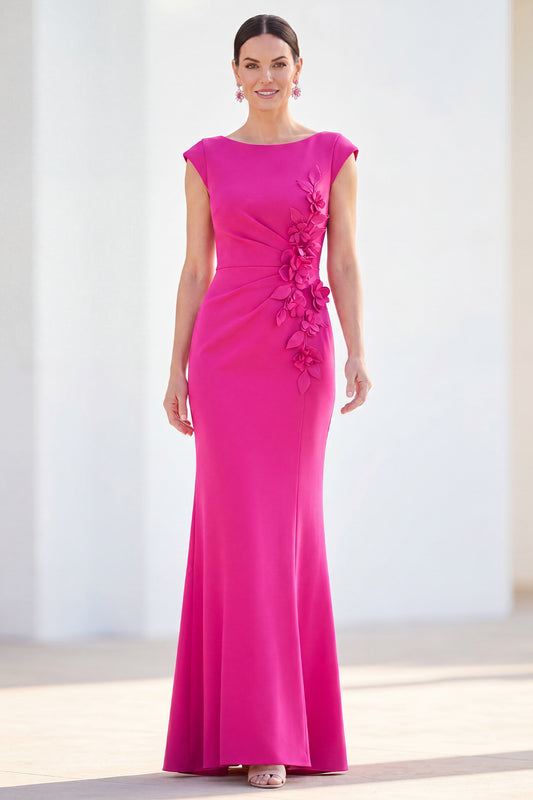 Boat Neck Fuchsia Ruched Floral Mermaid Long Mother of the Bride Dress