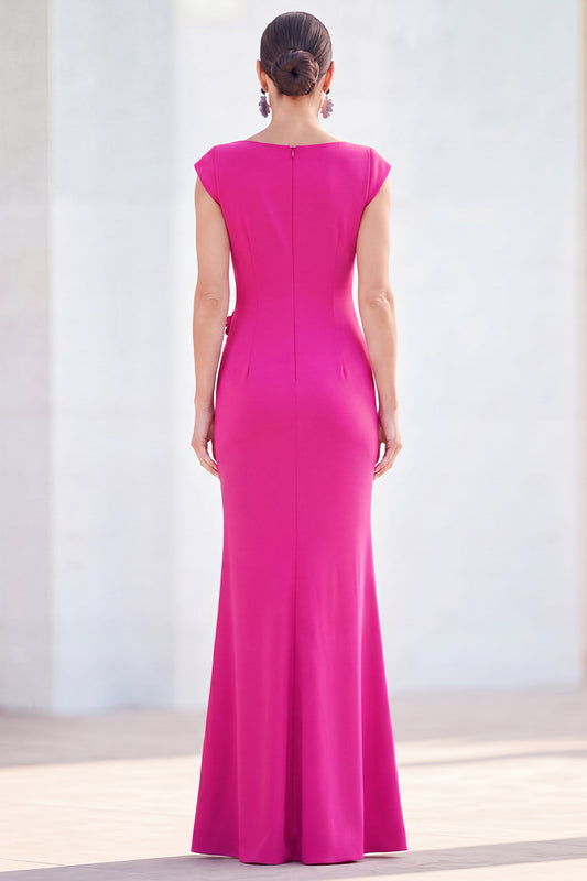 Boat Neck Fuchsia Ruched Floral Mermaid Long Mother of the Bride Dress