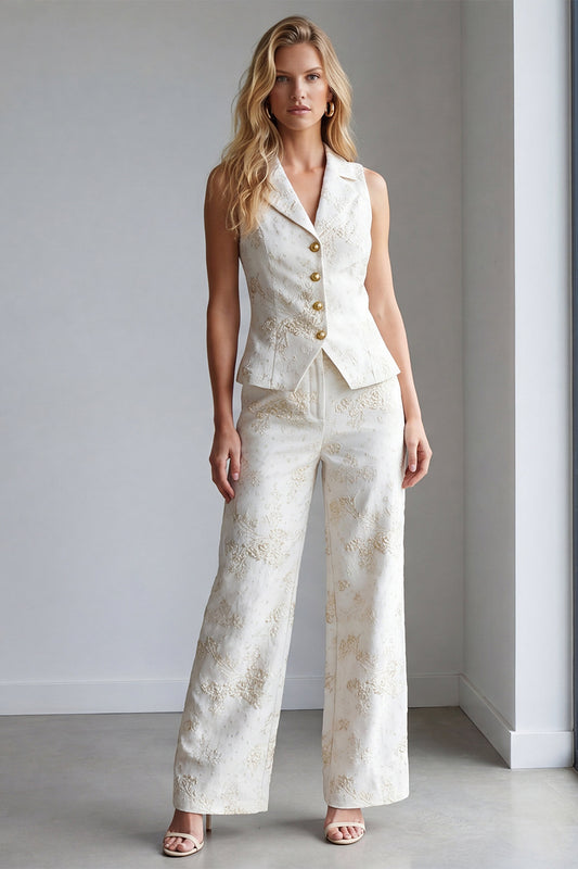 2 Piece Ivory Floral Single Breasted Notched Lapel Work Suits