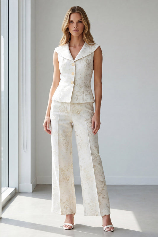 2 Piece Ivory Jacquard Single Breasted V-Neck Work Suits