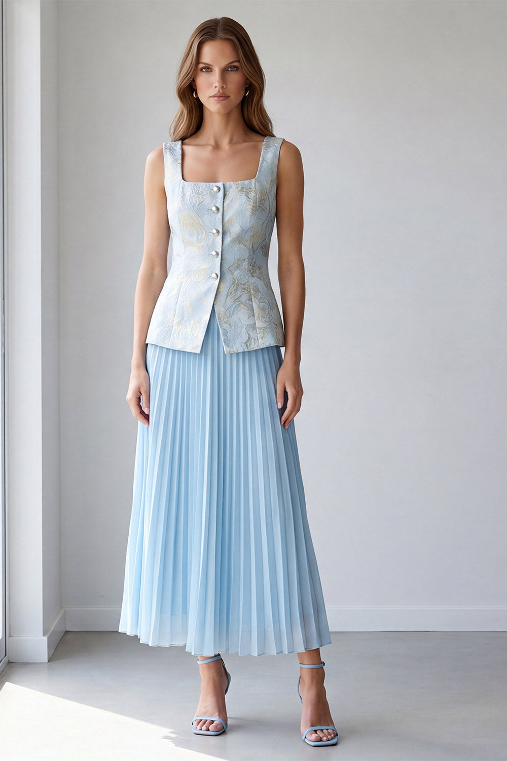Zapakasa Women 2 Piece Light Blue Jacquard Pleated Work Dress Single Breasted Square Neck A Line Business Dress