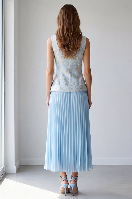 2 Piece Light Blue Pleated Single Breasted Square Neck Work Dress