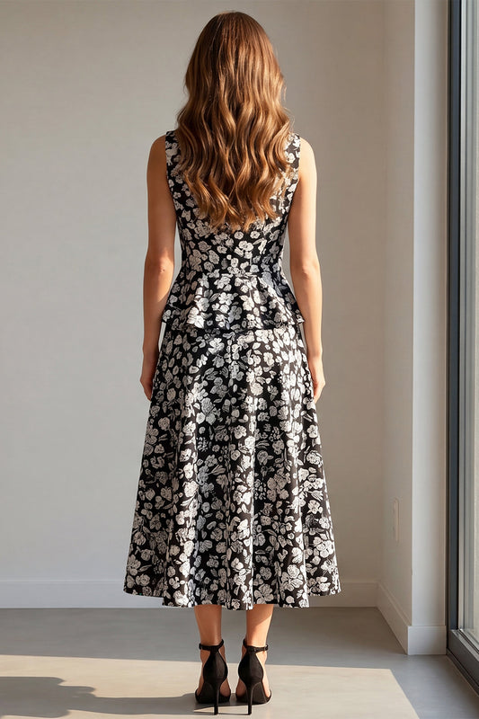 2 Piece Black Floral Single Breasted V-Neck Work Dress