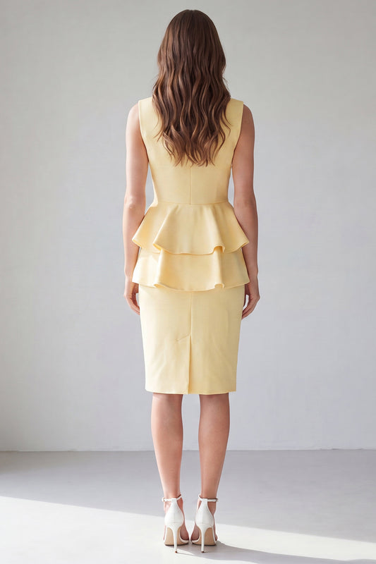 Light Yellow Midi 2 Piece V-Neck Double Breasted Work Dress