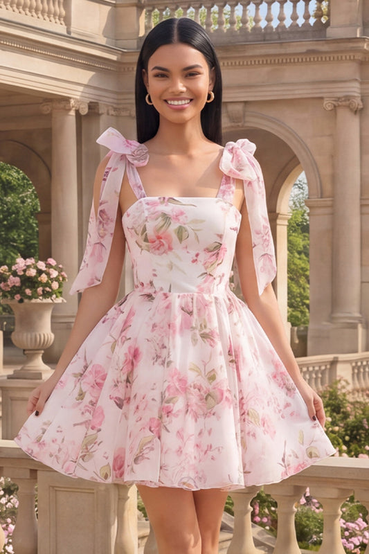 White Pink Flower Short A Line Homecoming Dress with Bows