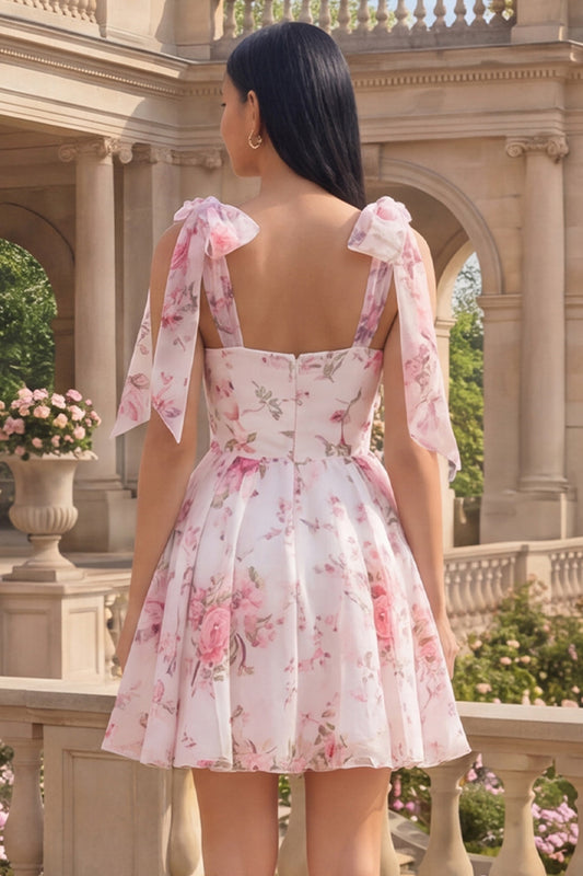 White Pink Flower Short A Line Homecoming Dress with Bows