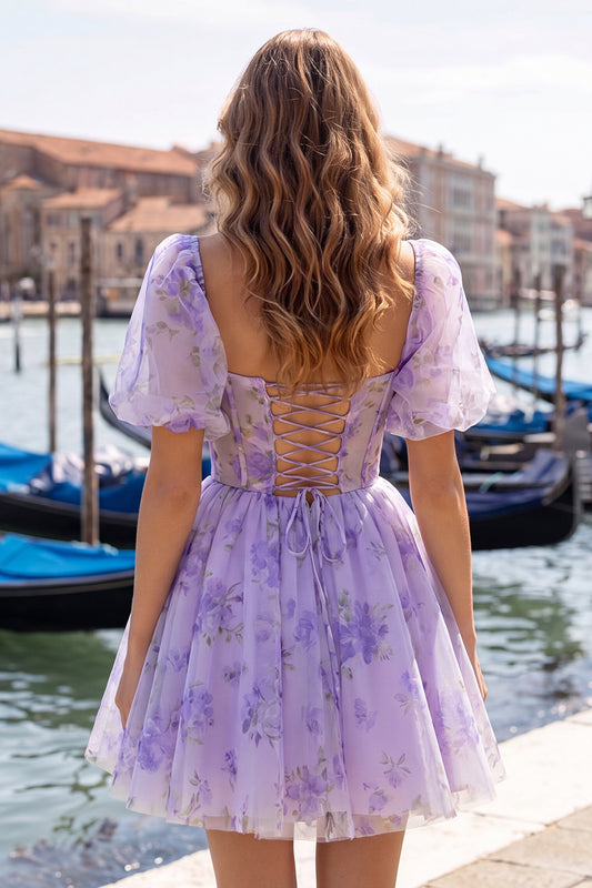 Corset Floral Lilac Square Neck Short Homecoming Dress with Sleeves