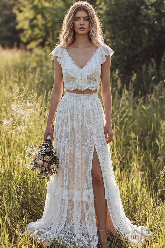 2 Piece Ivory Lace Sweep Train A-Line Boho Wedding Dress with Slit